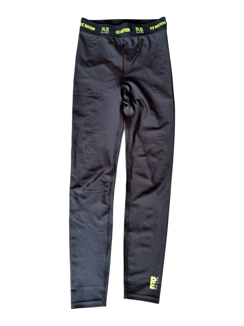 P.E Nation Womens Black Leggings with Neon Yellow Logo Waistband, Size Small